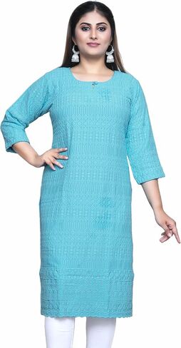 Ladyline Women's White Rayon Tup - Chikankari مطرزة بالرقبة Kurti Kurta in Saudi Arabia