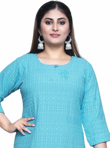 Ladyline Women's White Rayon Tup - Chikankari مطرزة بالرقبة Kurti Kurta in Saudi Arabia