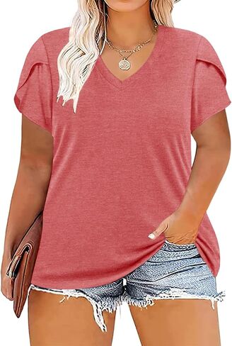 Takeyal Women's Plus tirts tirts Petal Sleeve v Neck Tops Summer Summer Cute Baggy Discualdes XL-5XL 2024 in Kuwait