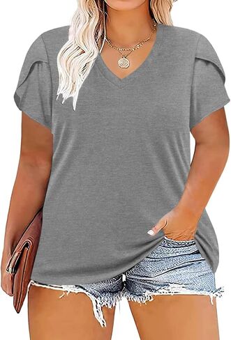 Takeyal Women's Plus tirts tirts Petal Sleeve v Neck Tops Summer Summer Cute Baggy Discualdes XL-5XL 2024 in Kuwait