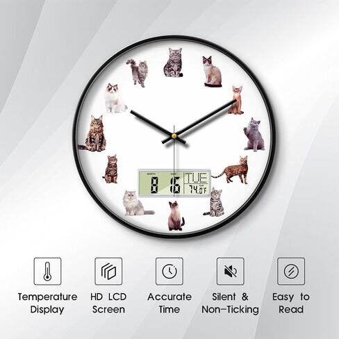 Large Display Modern LCD Clock with Calendar and Date Temperature Funny Cats Silent Battery Operated Digital Wall Clocks Non-Ticking Clock for Bathroom Kitchen Bedroom Living Room Decor 12 Inch in Kuwait