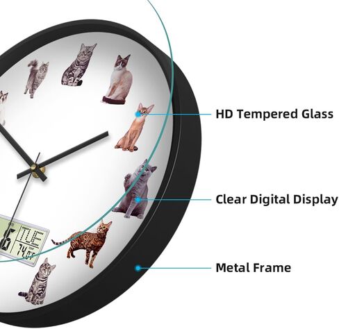 Large Display Modern LCD Clock with Calendar and Date Temperature Funny Cats Silent Battery Operated Digital Wall Clocks Non-Ticking Clock for Bathroom Kitchen Bedroom Living Room Decor 12 Inch in Kuwait