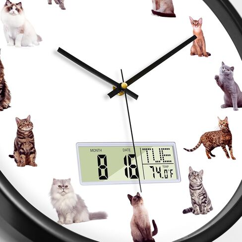 Large Display Modern LCD Clock with Calendar and Date Temperature Funny Cats Silent Battery Operated Digital Wall Clocks Non-Ticking Clock for Bathroom Kitchen Bedroom Living Room Decor 12 Inch in Kuwait