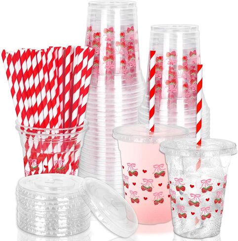 50Pcs Pink Bow Disposable Plastic Cups with Lids and Straws 12oz Cute Bow Heart Cold Beverage Drinking Cups for Bridal Shower Wedding Birthday Party Supplies in Kuwait