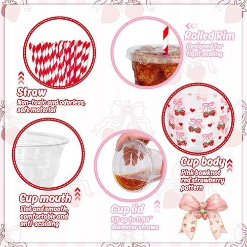 50Pcs Pink Bow Disposable Plastic Cups with Lids and Straws 12oz Cute Bow Heart Cold Beverage Drinking Cups for Bridal Shower Wedding Birthday Party Supplies in Kuwait