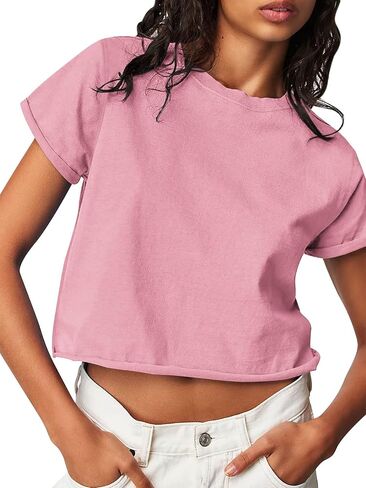 Tankaneo Womens Summer Crop Tops Trendy 2025 Short Sleeve Crewneck Tee Casual Cute Workout Cropped T Shirts Basic Top in Saudi Arabia
