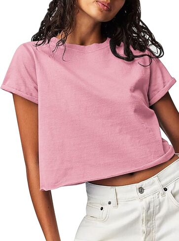 Tankaneo Womens Summer Crop Tops Trendy 2025 Short Sleeve Crewneck Tee Casual Cute Workout Cropped T Shirts Basic Top in Saudi Arabia