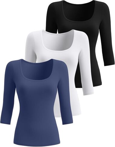 Ficerd 3 Pack Women's 3/4 قمصان الأكمام ، مغرفة القطن القطن النحيف ناعمًا ناعمًا U. in Kuwait