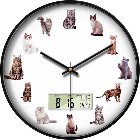 Large Display Modern LCD Clock with Calendar and Date Temperature Funny Cats Silent Battery Operated Digital Wall Clocks Non-Ticking Clock for Bathroom Kitchen Bedroom Living Room Decor 12 Inch in Kuwait
