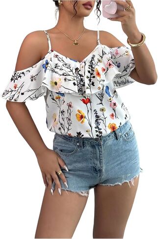 SweatyRocks Women's Boho Floral Print Cold Shoulder Ruffle Short Sleeve Blouse Top in Saudi Arabia