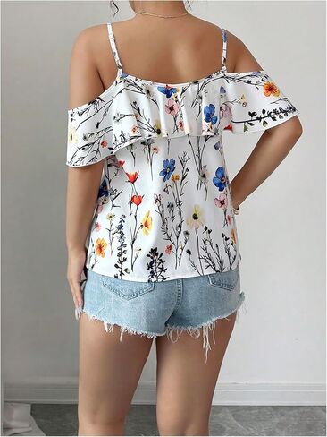 SweatyRocks Women's Boho Floral Print Cold Shoulder Ruffle Short Sleeve Blouse Top in Saudi Arabia