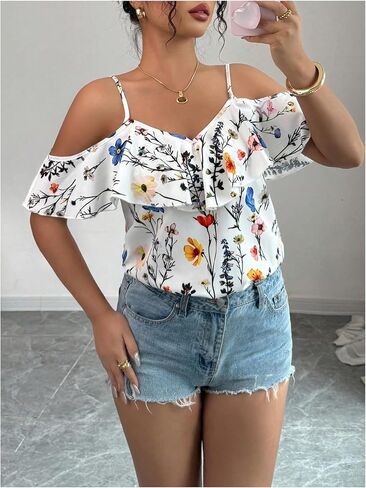 SweatyRocks Women's Boho Floral Print Cold Shoulder Ruffle Short Sleeve Blouse Top in Saudi Arabia