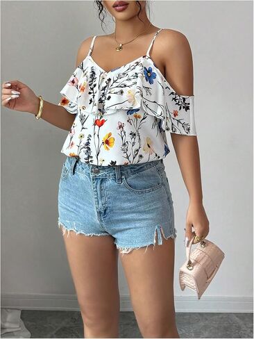 SweatyRocks Women's Boho Floral Print Cold Shoulder Ruffle Short Sleeve Blouse Top in Saudi Arabia