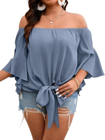 Floerns Women's Plus Size Off Shoulder 3/4 Bell Sleeve Knot Tie Front Blouses Top in Saudi Arabia