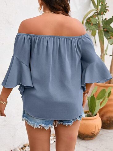 Floerns Women's Plus Size Off Shoulder 3/4 Bell Sleeve Knot Tie Front Blouses Top in Saudi Arabia
