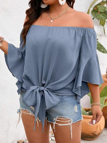 Floerns Women's Plus Size Off Shoulder 3/4 Bell Sleeve Knot Tie Front Blouses Top in Saudi Arabia