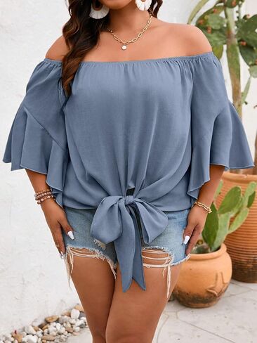 Floerns Women's Plus Size Off Shoulder 3/4 Bell Sleeve Knot Tie Front Blouses Top in Saudi Arabia
