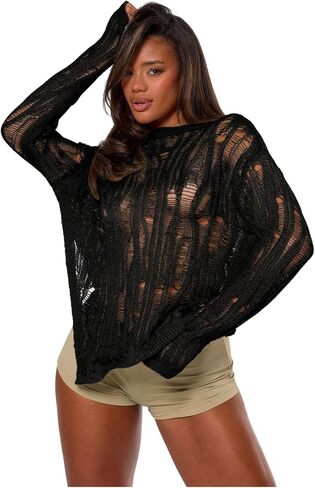 SOLY HUX Women's Distressed Knitted Grunge Sweater Long Sleeve Shirts Y2k Asymmetrical Tops in Saudi Arabia