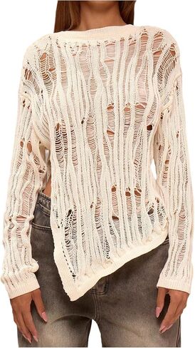 SOLY HUX Women's Distressed Knitted Grunge Sweater Long Sleeve Shirts Y2k Asymmetrical Tops in Saudi Arabia