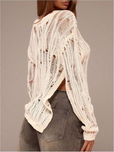 SOLY HUX Women's Distressed Knitted Grunge Sweater Long Sleeve Shirts Y2k Asymmetrical Tops in Saudi Arabia