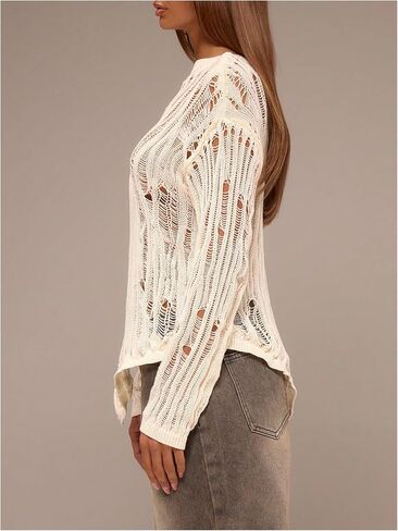 SOLY HUX Women's Distressed Knitted Grunge Sweater Long Sleeve Shirts Y2k Asymmetrical Tops in Saudi Arabia
