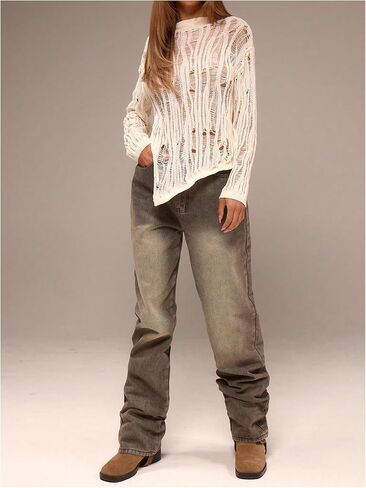 SOLY HUX Women's Distressed Knitted Grunge Sweater Long Sleeve Shirts Y2k Asymmetrical Tops in Saudi Arabia