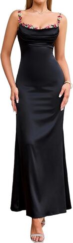 Satin Maxi Dress Floral Spaghetti Strap Backless Sleeveless Formal Prom Party Slik Wedding Guest Dresses for Women in Kuwait