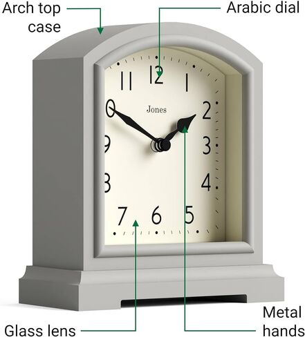 JONES CLOCKS® Tavern Mantel Clock | Modern Arch top Design | Pale Grey | Contemporary Classic Style for Desk, Table, Shelf or Bedside in Kuwait