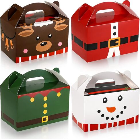 Clabby 24 Pieces Christmas Treat Boxes Xmas Gift Boxes with Handles Christmas Cardboard Candy Cookie Boxes Plaid Santa Elf Snowman Elk Gingerbread Boxes for Holiday Party Favor Supplies in Kuwait