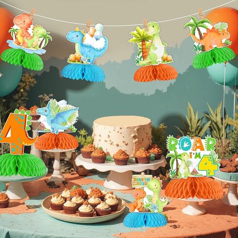Dinosaur 4th Birthday Party Decorations Boy, 8pcs Dinosaur 4th Honeycomb Centerpieces, Double Sided Dinosaur Table Decorations for Rawr Im 4 Dinosaur Party, Dino Four Birthday Party Supplies in Kuwait