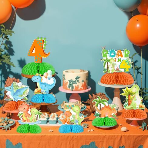 Dinosaur 4th Birthday Party Decorations Boy, 8pcs Dinosaur 4th Honeycomb Centerpieces, Double Sided Dinosaur Table Decorations for Rawr Im 4 Dinosaur Party, Dino Four Birthday Party Supplies in Kuwait
