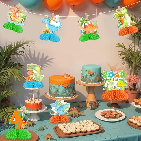 Dinosaur 4th Birthday Party Decorations Boy, 8pcs Dinosaur 4th Honeycomb Centerpieces, Double Sided Dinosaur Table Decorations for Rawr Im 4 Dinosaur Party, Dino Four Birthday Party Supplies in Kuwait