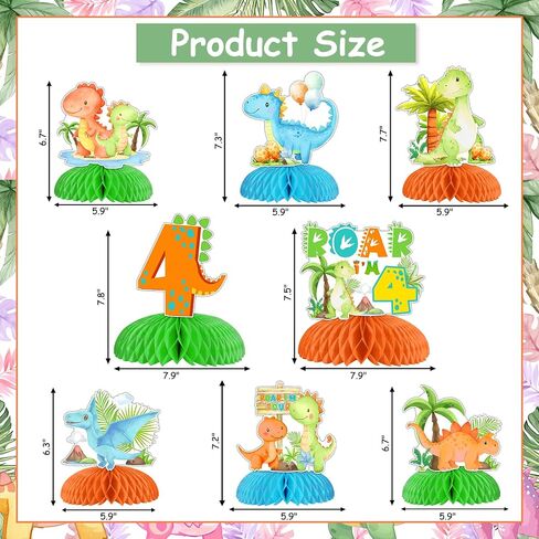 Dinosaur 4th Birthday Party Decorations Boy, 8pcs Dinosaur 4th Honeycomb Centerpieces, Double Sided Dinosaur Table Decorations for Rawr Im 4 Dinosaur Party, Dino Four Birthday Party Supplies in Kuwait