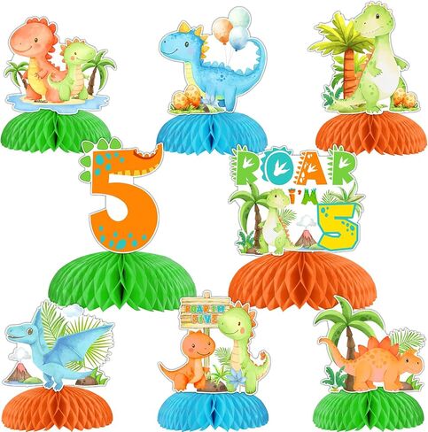 Dinosaur 4th Birthday Party Decorations Boy, 8pcs Dinosaur 4th Honeycomb Centerpieces, Double Sided Dinosaur Table Decorations for Rawr Im 4 Dinosaur Party, Dino Four Birthday Party Supplies in Kuwait