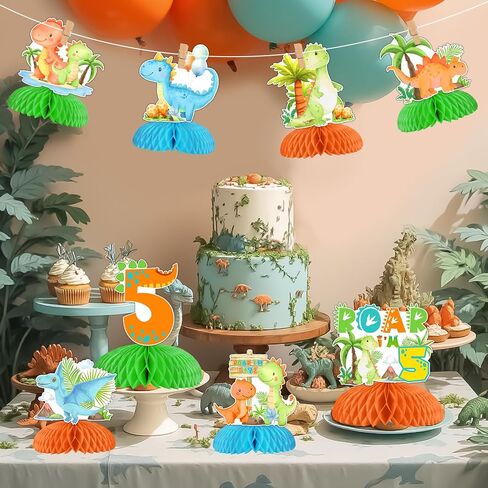 Dinosaur 4th Birthday Party Decorations Boy, 8pcs Dinosaur 4th Honeycomb Centerpieces, Double Sided Dinosaur Table Decorations for Rawr Im 4 Dinosaur Party, Dino Four Birthday Party Supplies in Kuwait