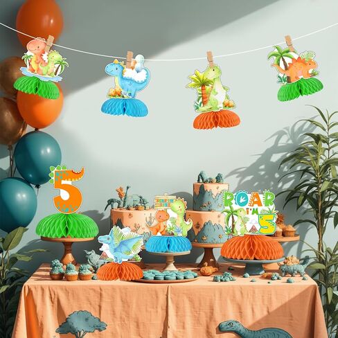 Dinosaur 4th Birthday Party Decorations Boy, 8pcs Dinosaur 4th Honeycomb Centerpieces, Double Sided Dinosaur Table Decorations for Rawr Im 4 Dinosaur Party, Dino Four Birthday Party Supplies in Kuwait