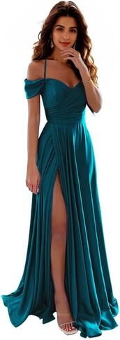 IIF Off Shoulder Satin Bridesmaid Dresses Spaghetti Strap Long Ruched A Line Formal Prom Dress with Slit IIF006 in Kuwait