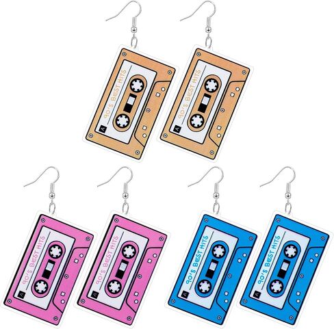Hicarer 3 Pairs 80s 90s Neon Earrings for Women Retro Pendant Acrylic Drop Dangle for 80's Outfit Glow Party Accessories (Rose Red, Green, Purple,Tape) in Saudi Arabia