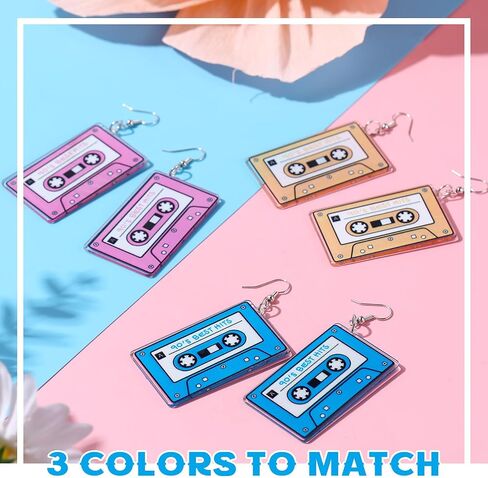 Hicarer 3 Pairs 80s 90s Neon Earrings for Women Retro Pendant Acrylic Drop Dangle for 80's Outfit Glow Party Accessories (Rose Red, Green, Purple,Tape) in Saudi Arabia