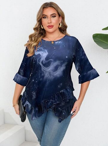 Beauhuty بلوزات مقاس كبير للنساء تونيك مكشكش تنحنح رقبة دائرية تي شيرت بلوزات فضفاضة غير رسمية 3/4 كم كشكش in Kuwait