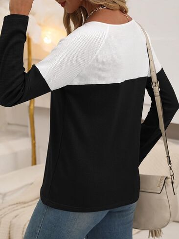 Poetsky Womens Waffle Knit Tops Dressy Casual Long Sleeve Color Block Button Decor Shirts Blouses in Kuwait