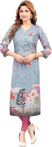 Ladyline Rayon Cotton Tunic Top - Digital Printed Kantha Hand Work Kurti Kurta in Saudi Arabia