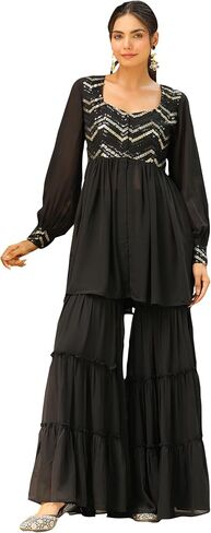 Janasya Indian Women's Flowy Kurta Kurti Top Tunic Flared Festive Wedding Party wear Kurta with Sharara for Women in Saudi Arabia