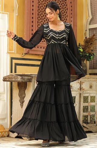 Janasya Indian Women's Flowy Kurta Kurti Top Tunic Flared Festive Wedding Party wear Kurta with Sharara for Women in Saudi Arabia