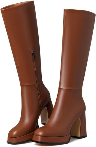 ركبة عالية أحذية منصة جلدية كعب الكعب مكتنزة الحذاء للنساء 2025 مربع سحاب جانبي in Kuwait