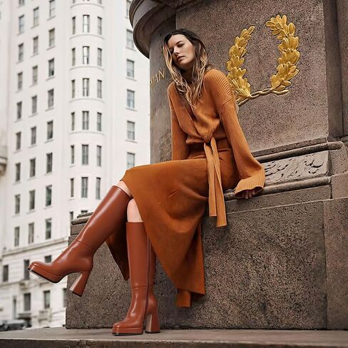 ركبة عالية أحذية منصة جلدية كعب الكعب مكتنزة الحذاء للنساء 2025 مربع سحاب جانبي in Kuwait