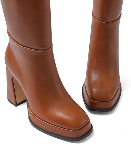 ركبة عالية أحذية منصة جلدية كعب الكعب مكتنزة الحذاء للنساء 2025 مربع سحاب جانبي in Kuwait