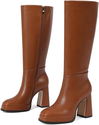 ركبة عالية أحذية منصة جلدية كعب الكعب مكتنزة الحذاء للنساء 2025 مربع سحاب جانبي in Kuwait