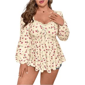 SOLY HUX Women's Plus Size T Shirt Floral Print Lace Trim Bishop Long Sleeve Ruffle Hem Tee Tops in Saudi Arabia