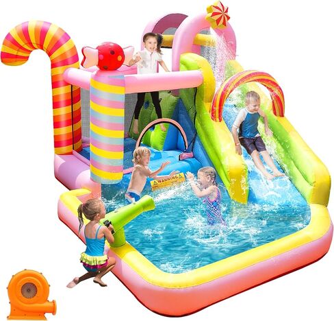 Dinosaur Inflatable Water Slide Park - 6-in-1 Bounce House with Slide, Jump Area, Splash Pool, Climbing Wall & Basketball Hoop | 480W Blower Included | Indoor/Outdoor Backyard Play for Kids 3-10 in Kuwait